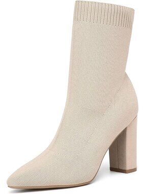 Women's Apricot Pointed Toe Chunky Heeled Ankle Boots Stretch Knit Sock Slip On